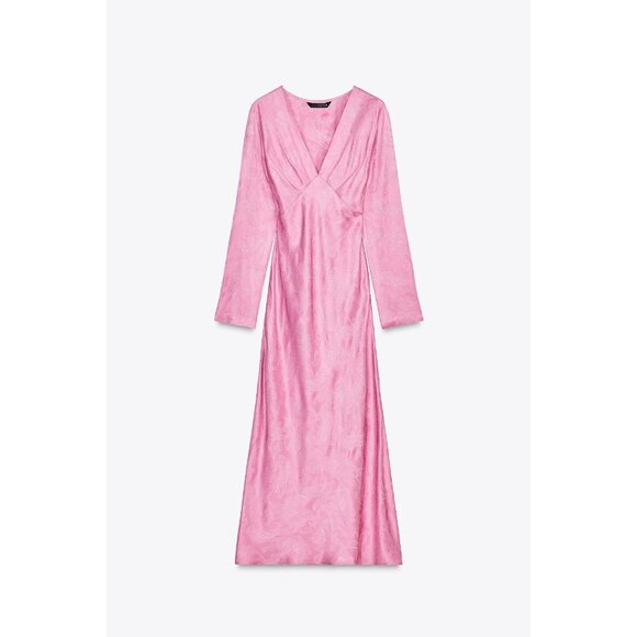 Zara Women Midi Dress XL Pink Jacquard V Neck Long Sleeve Viscose 2463/533 NWOT - Picture 1 of 8